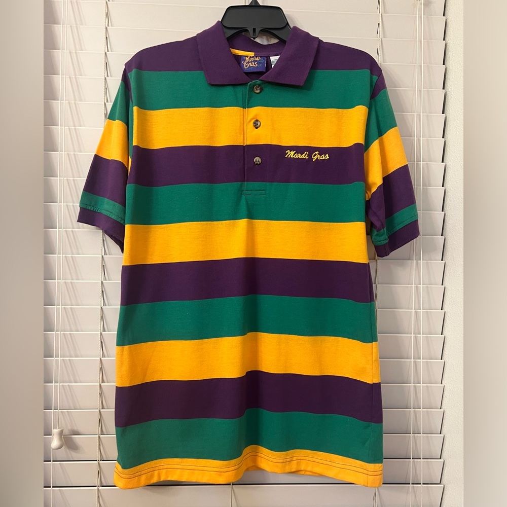 NEW Mardi Gras Striped Embroidered Collar Shirt Adult Medium Purple, Green, Gold